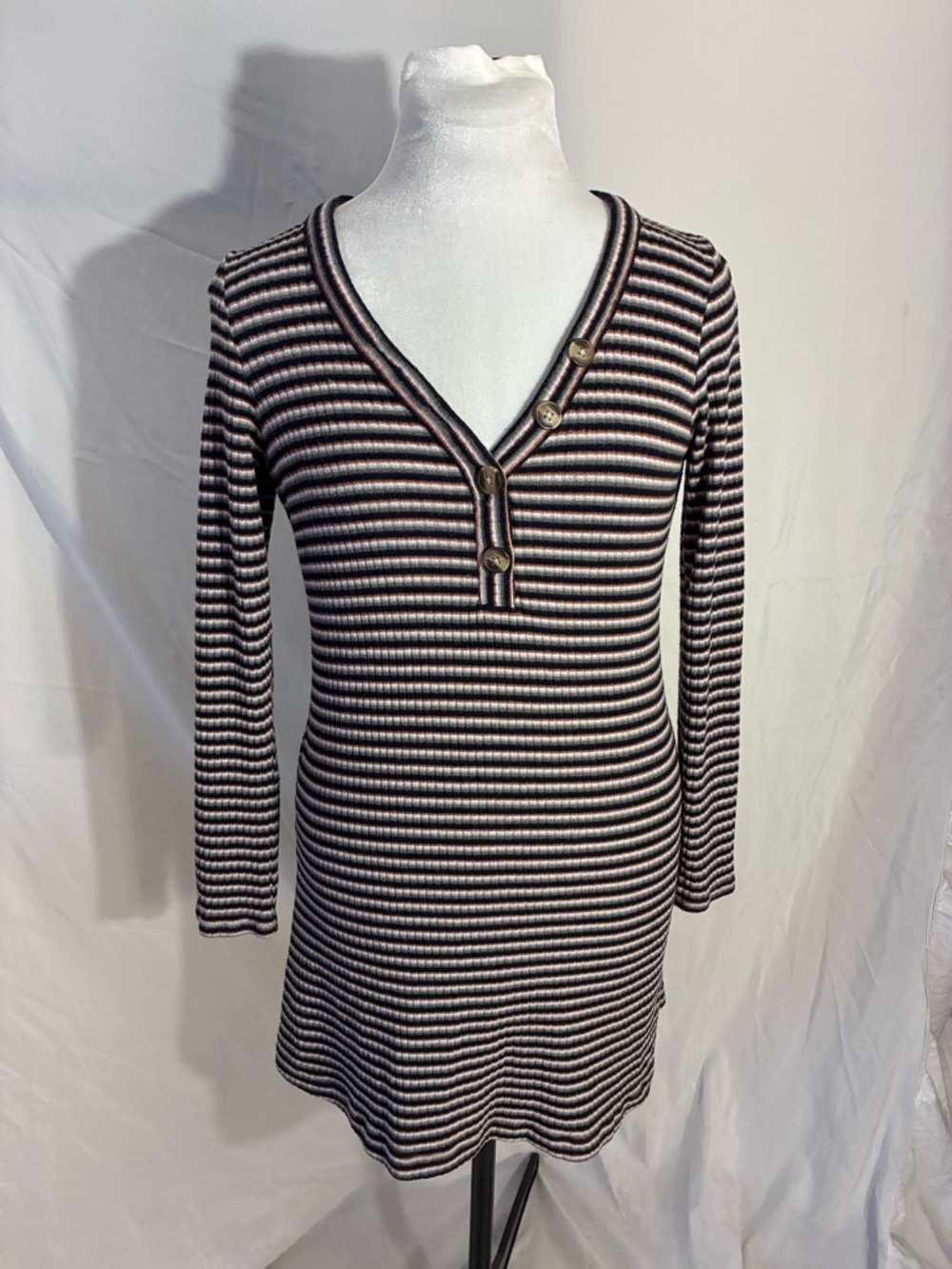 American Eagle Striped Soft Ribbed Fit & Flare Henley Mini Dress